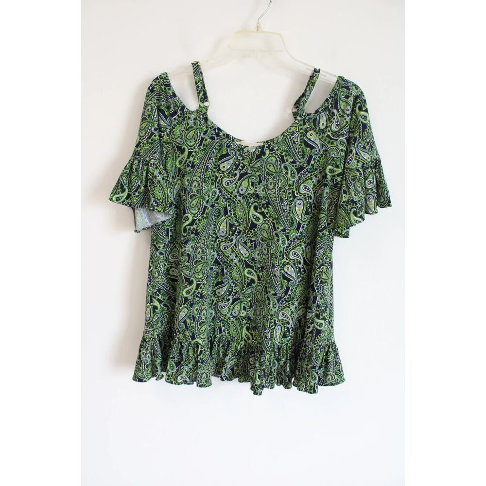 Michael Kors Cold Shoulder Paisley Top - Green/Black - Size S